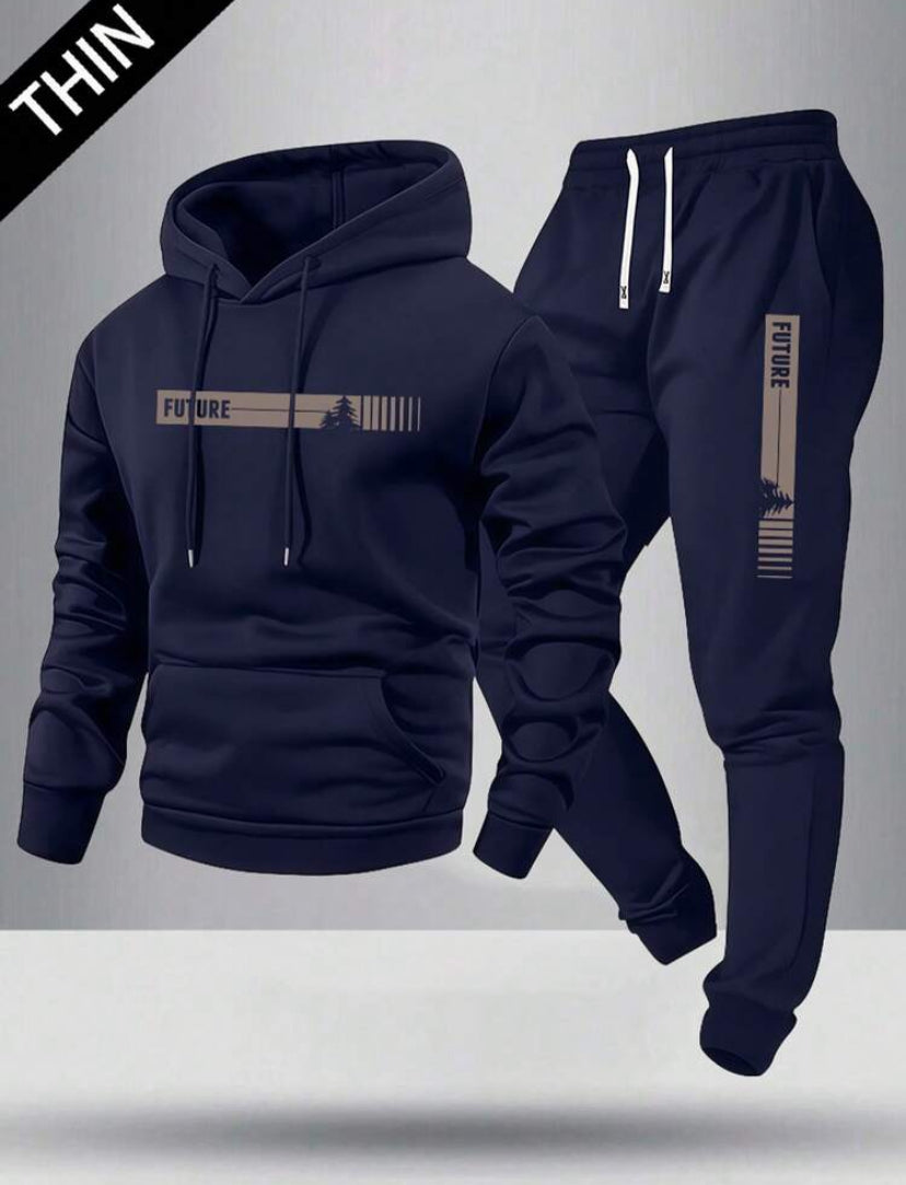 Conjunto de Moletom e Calça de Moletom com Estampa de Letra Futurista e Árvore de Natal Finos para Homens, Conjunto Casual da Moda com Bolsos e Calça com Cordão, Adequado como Presente para Marido ou Namorado
