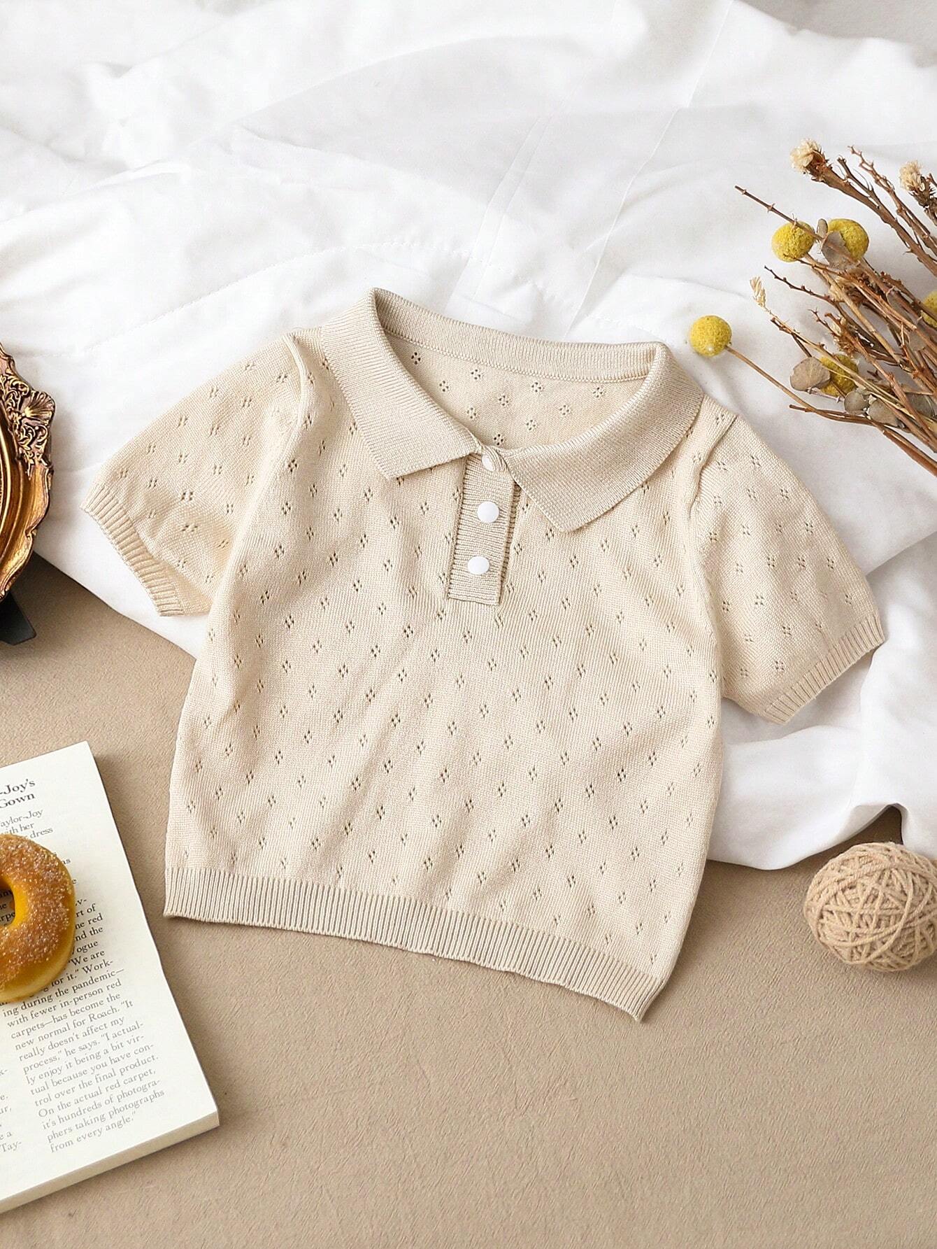 SHEIN Baby Camiseta Polo de Tricô Pointelle Bege para Bebês