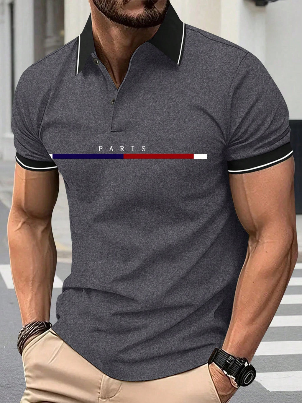 Shein Camisa Polo Esportiva Masculina Listrada Estampa Paris