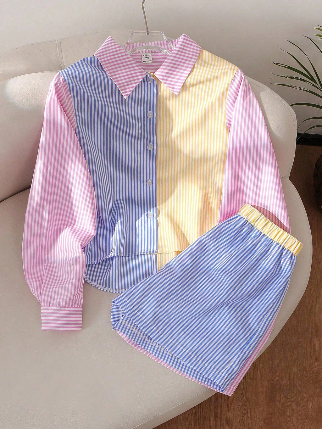 SHEIN Conjunto 2 Peças Polo Listrado com Laço Meninas