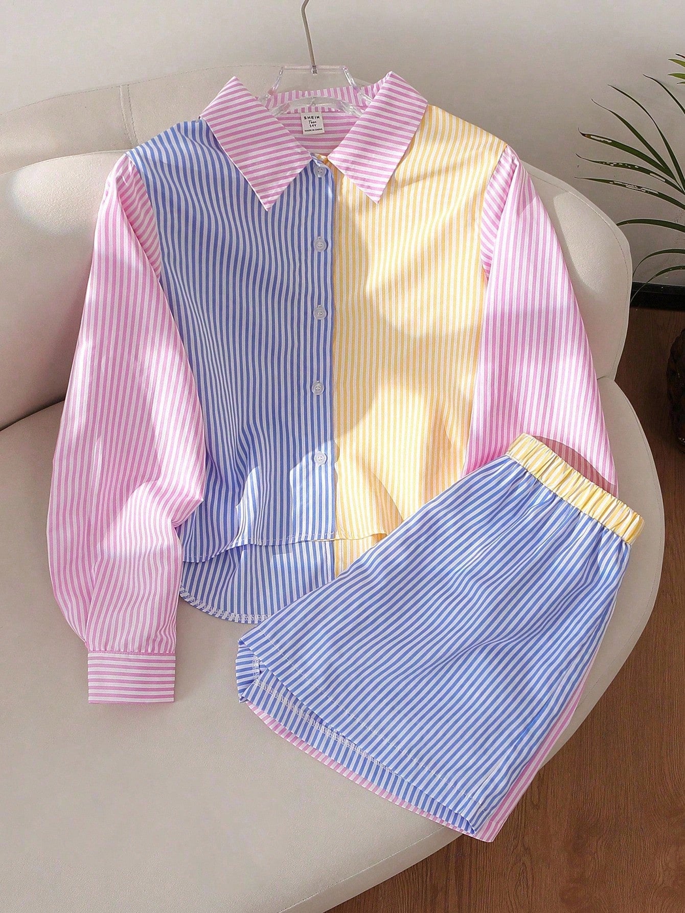 SHEIN Conjunto 2 Peças Polo Listrado com Laço Meninas