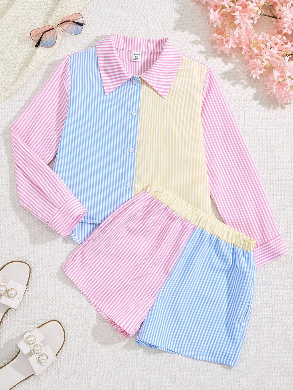 SHEIN Conjunto 2 Peças Polo Listrado com Laço Meninas