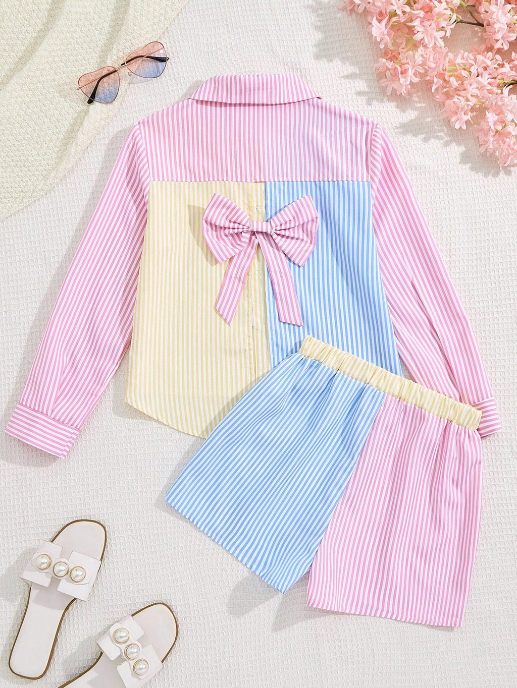 SHEIN Conjunto 2 Peças Polo Listrado com Laço Meninas