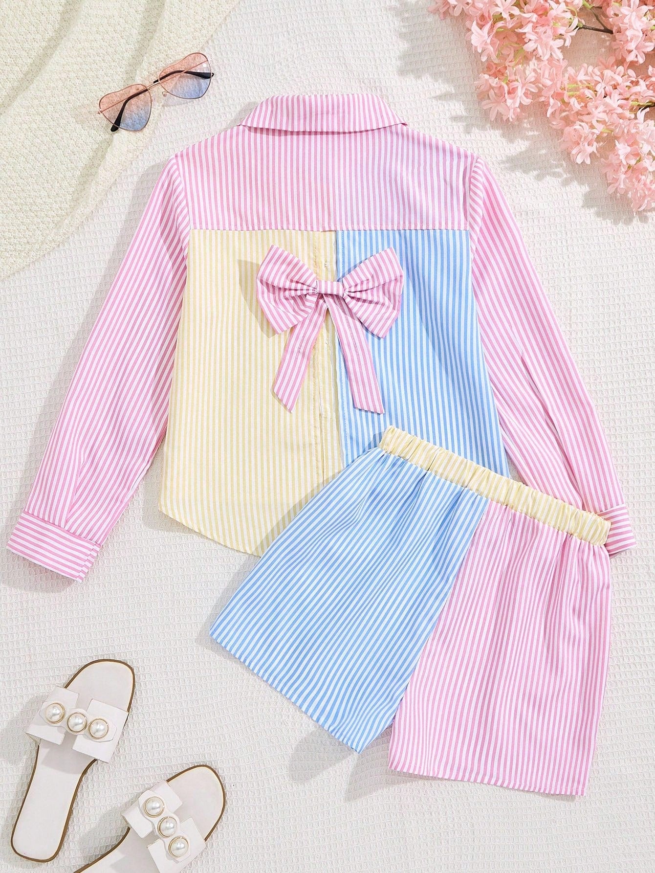 SHEIN Conjunto 2 Peças Polo Listrado com Laço Meninas