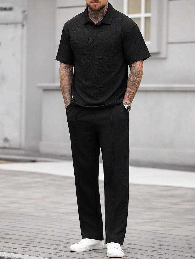 Manfinity CasualCool Conjunto Polo e Calça Textura de Malha Preto