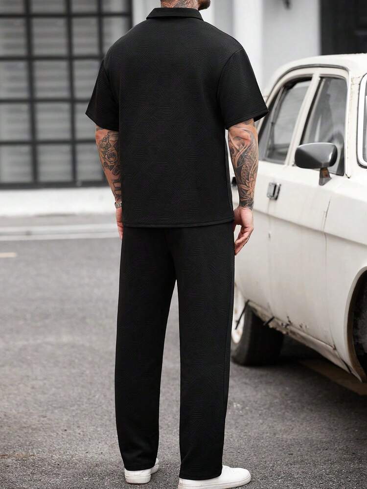 Manfinity CasualCool Conjunto Polo e Calça Textura de Malha Preto