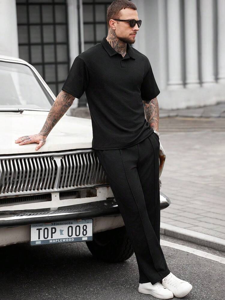 Manfinity CasualCool Conjunto Polo e Calça Textura de Malha Preto