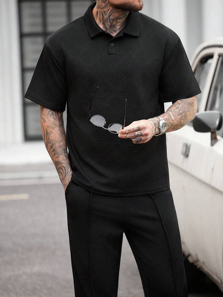 Manfinity CasualCool Conjunto Polo e Calça Textura de Malha Preto