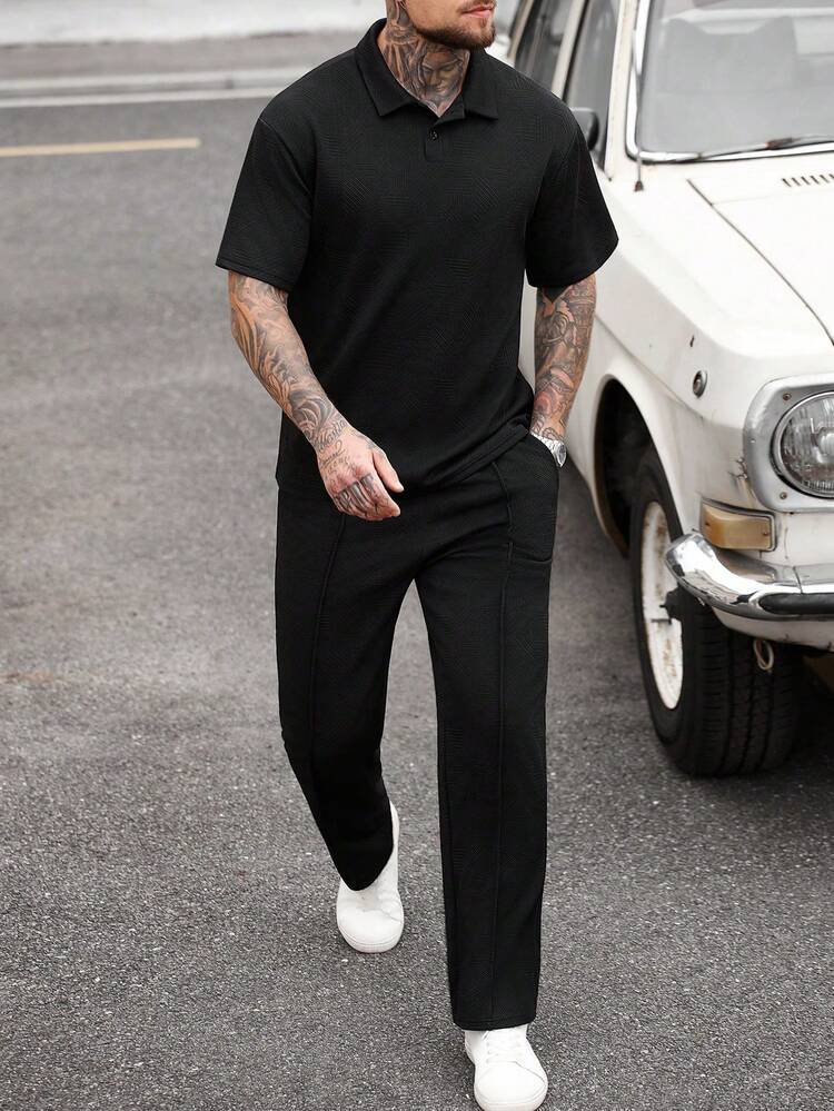 Manfinity CasualCool Conjunto Polo e Calça Textura de Malha Preto