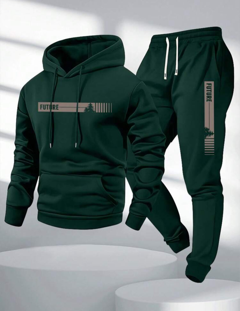 Conjunto de Moletom e Calça de Moletom com Estampa de Letra Futurista e Árvore de Natal Finos para Homens, Conjunto Casual da Moda com Bolsos e Calça com Cordão, Adequado como Presente para Marido ou Namorado
