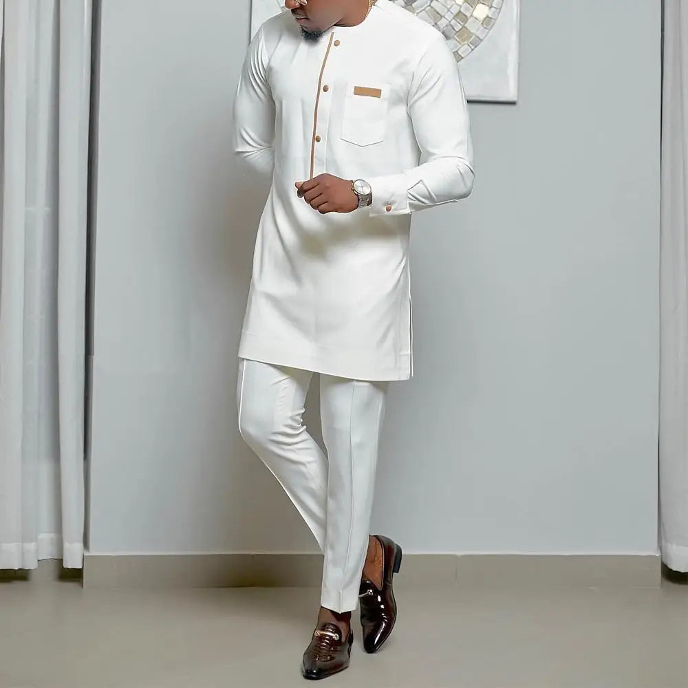 Conjunto Masculino Africano Tradicional Caftan Casual Loose Wedding 2 Peças