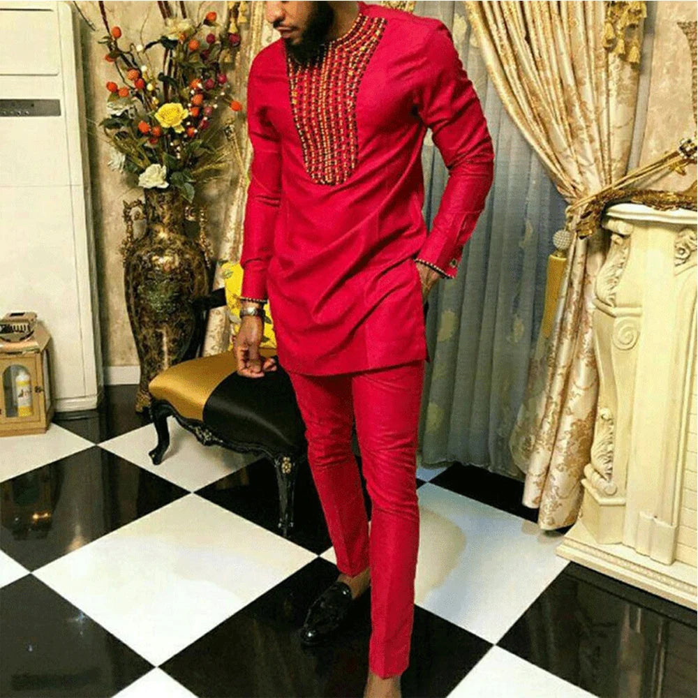 Conjunto Masculino Africano Tradicional Caftan Casual Loose Wedding 2 Peças