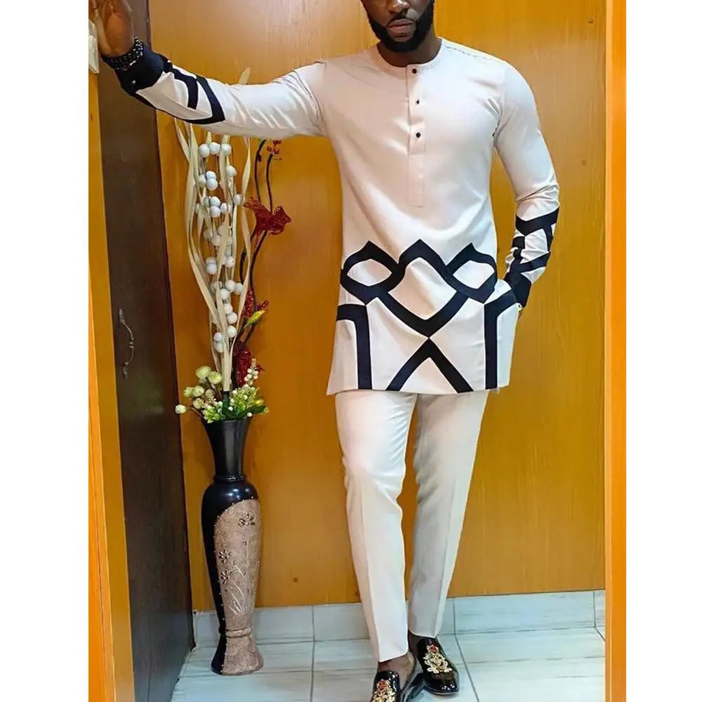 Conjunto Masculino Africano Tradicional Caftan Casual Loose Wedding 2 Peças