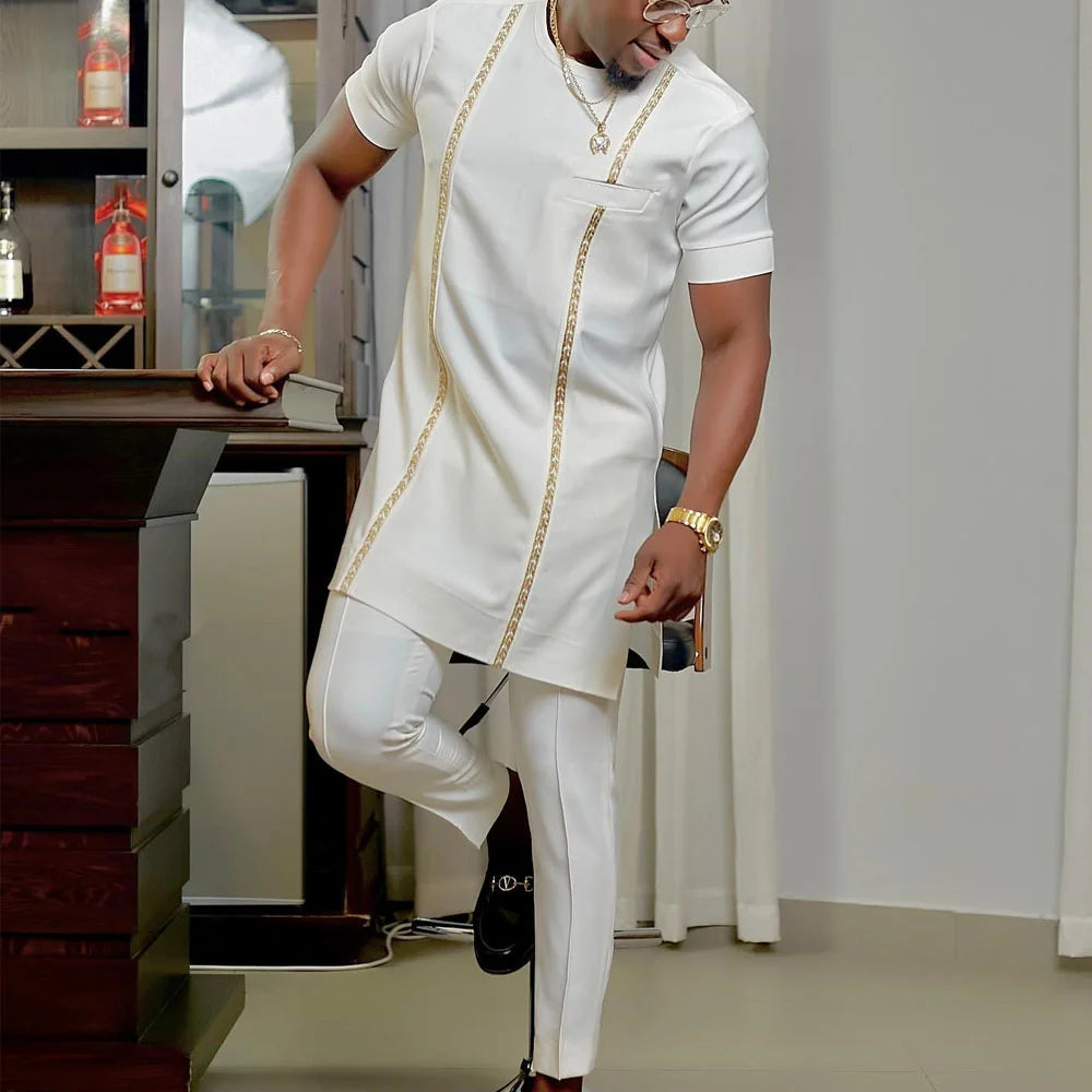Conjunto Masculino Africano Tradicional Caftan Casual Loose Wedding 2 Peças