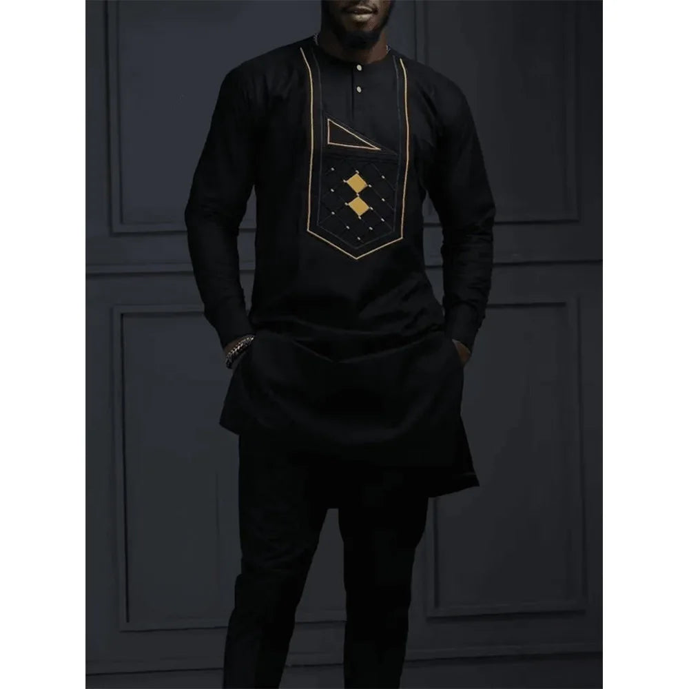 Conjunto Masculino Africano Tradicional Caftan Casual Loose Wedding 2 Peças