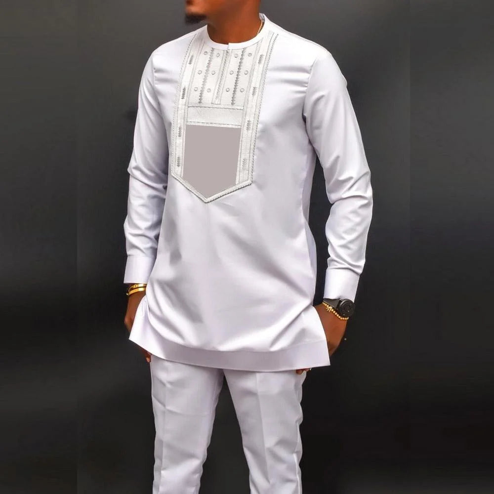 Conjunto Masculino Africano Tradicional Caftan Casual Loose Wedding 2 Peças