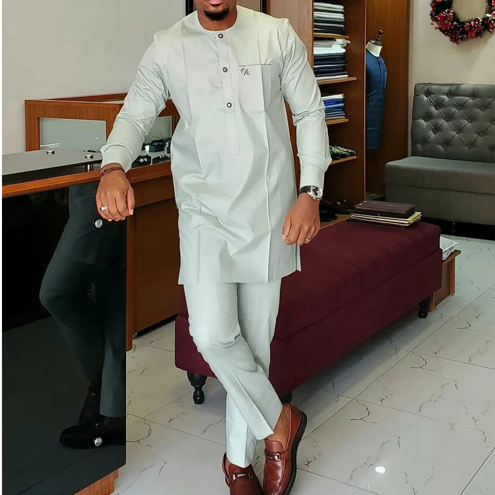 Conjunto Masculino Africano Tradicional Caftan Casual Loose Wedding 2 Peças