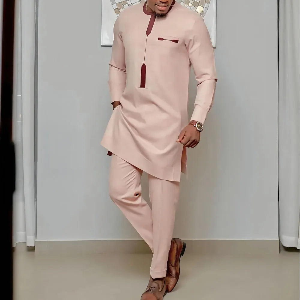 Conjunto Masculino Africano Tradicional Caftan Casual Loose Wedding 2 Peças