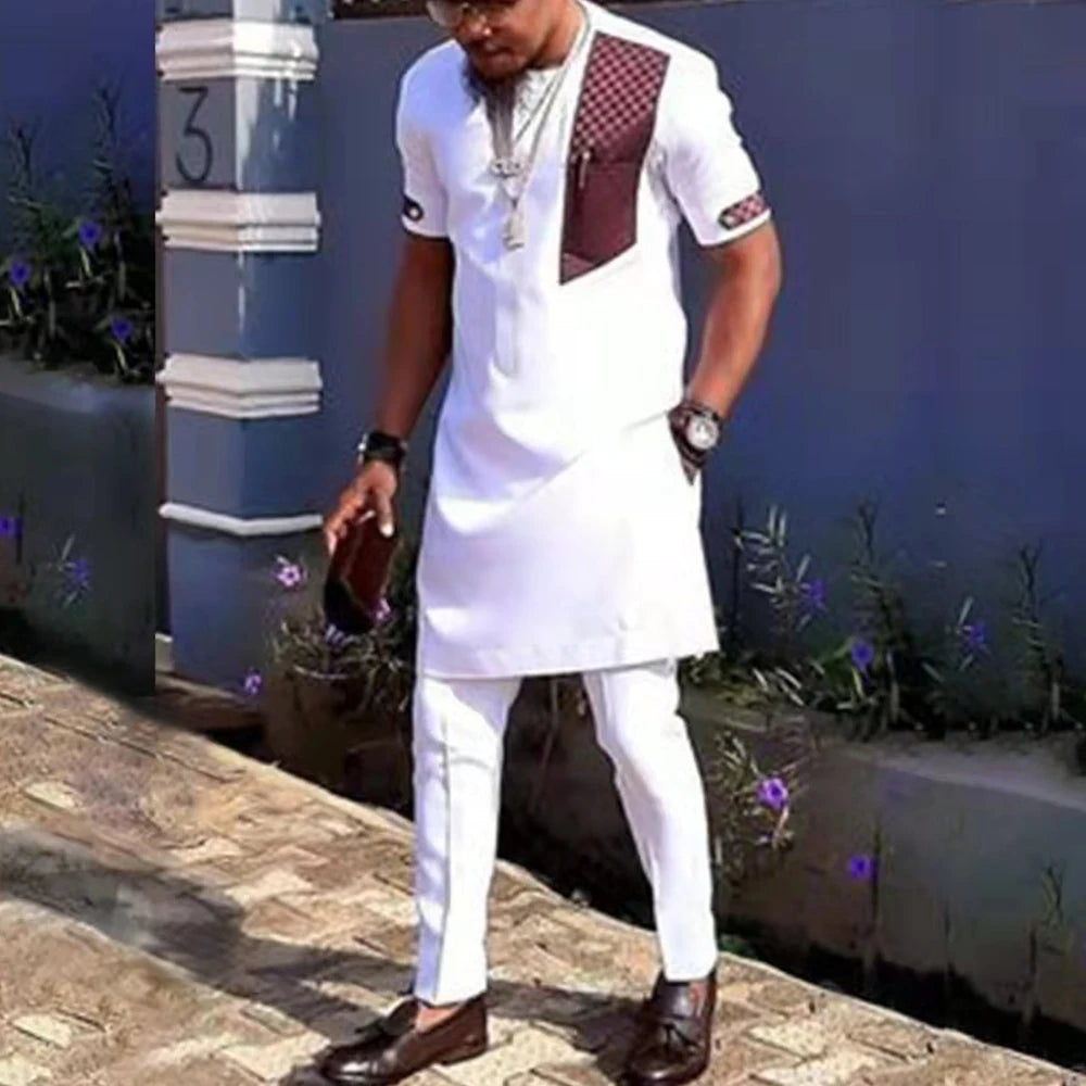 Conjunto Masculino Africano Tradicional Caftan Casual Loose Wedding 2 Peças