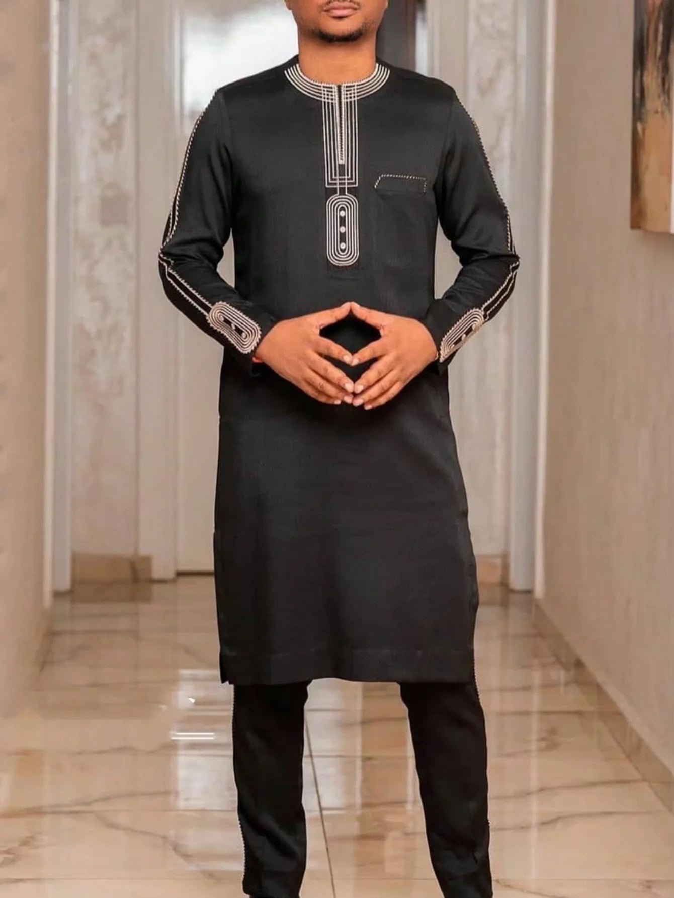 Conjunto Masculino Africano Tradicional Caftan Casual Loose Wedding 2 Peças