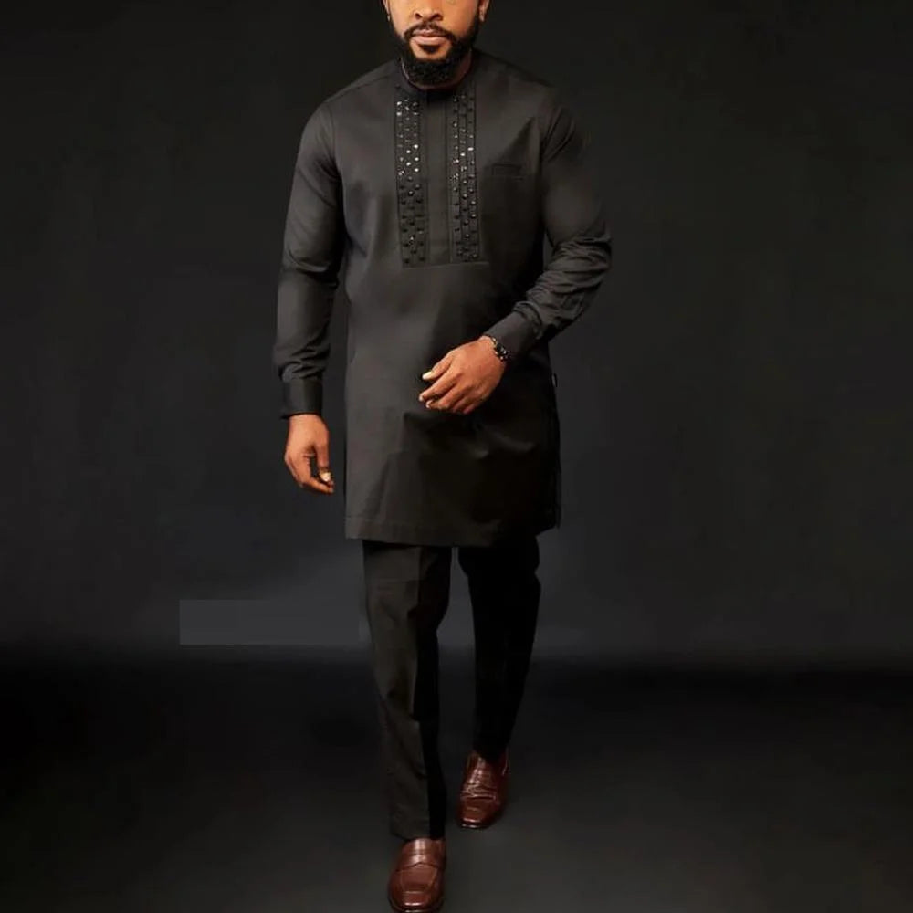 Conjunto Masculino Africano Tradicional Caftan Casual Loose Wedding 2 Peças