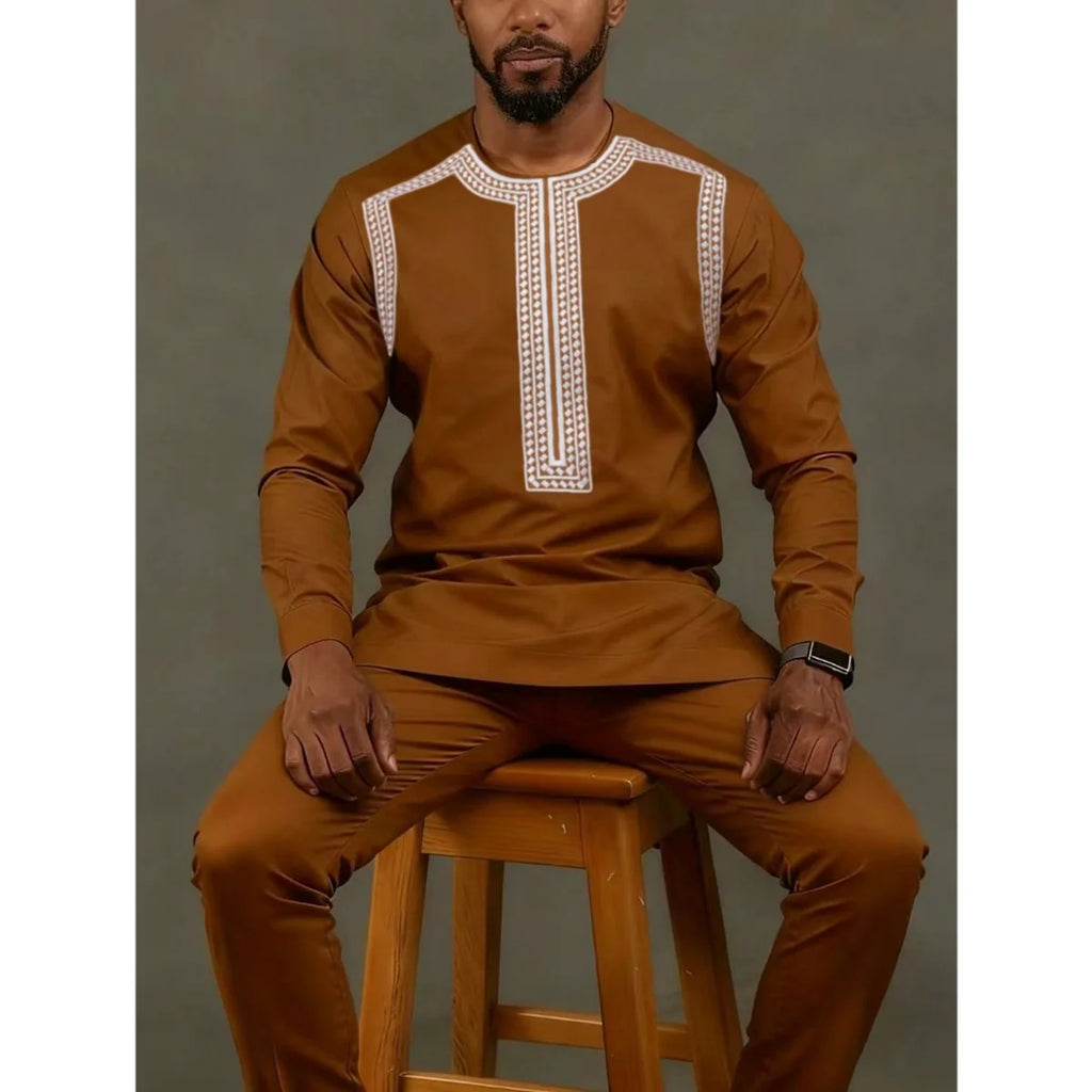Conjunto Masculino Africano Tradicional Caftan Casual Loose Wedding 2 Peças