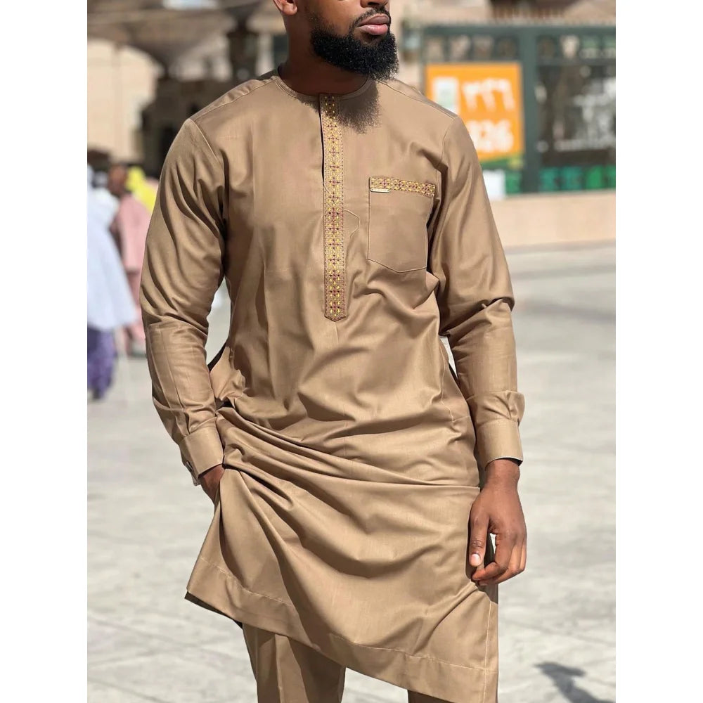 Conjunto Masculino Africano Tradicional Caftan Casual Loose Wedding 2 Peças