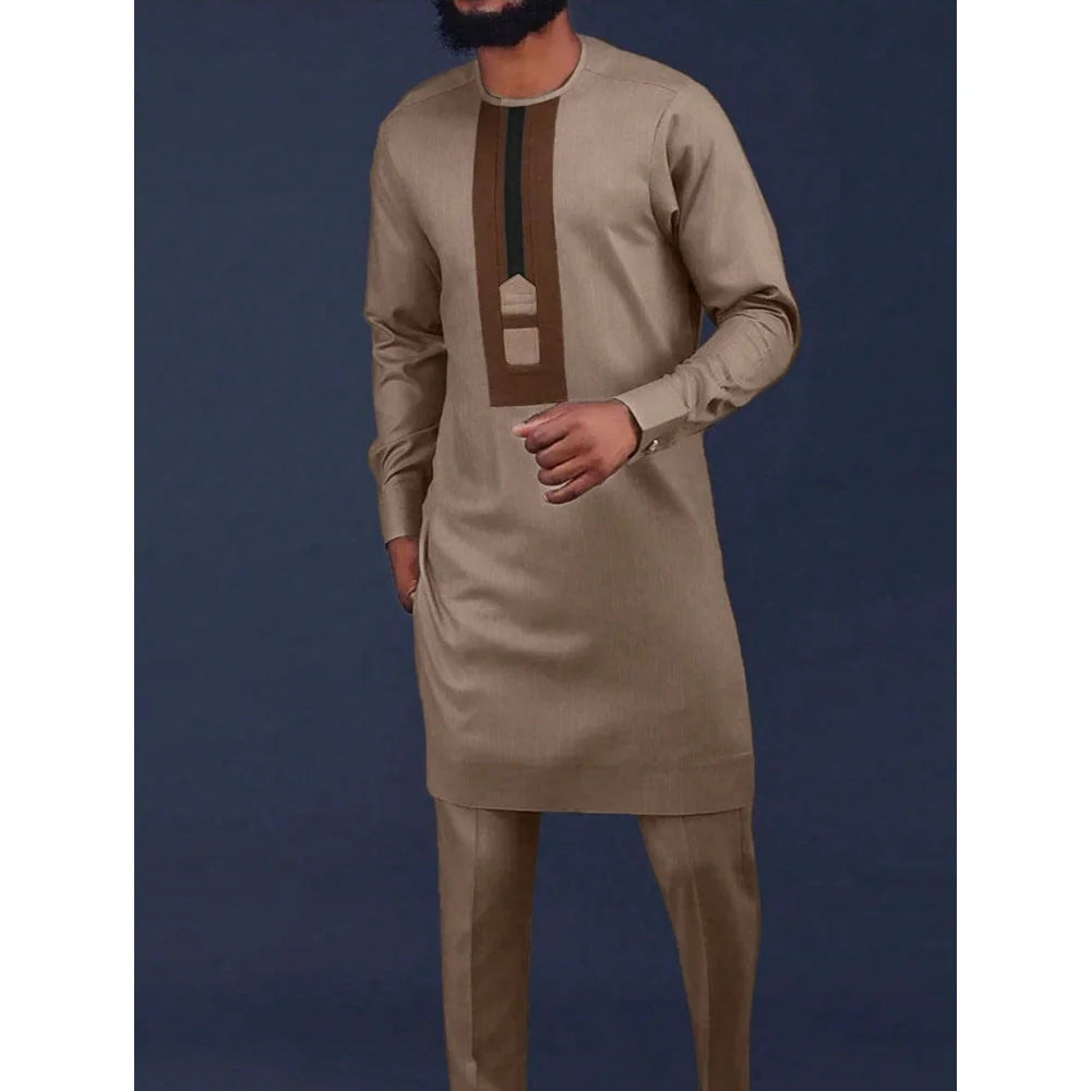 Conjunto Masculino Africano Tradicional Caftan Casual Loose Wedding 2 Peças